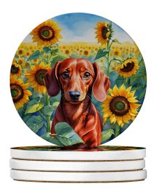 Dachshund in Sunflowers Large Sandstone Coasters Pack of 4 Absorbent Round Coasters Decor Gifts for Men or Women, 4 in, Multicolor
