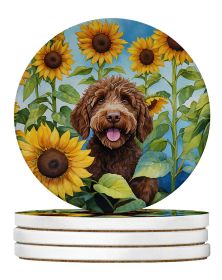 Labradoodle in Sunflowers Large Sandstone Coasters Pack of 4 Absorbent Round Coasters Decor Gifts for Men or Women, 4 in, Multicolor