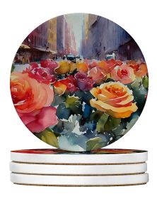 New York Roses in Watercolor Large Sandstone Coasters Pack of 4 Absorbent Round Coasters Decor Gifts for Men or Women, 4 in, Multicolor