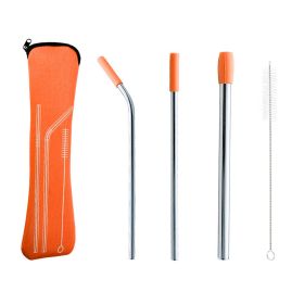 5pcs Set Stainless Steel Straws; Reusable Metal Straws With Silicone Tips; Sturdy Bent Straight Drinks Straw; Food Grade Straw; With 3pcs Straws; (Color: Orange)