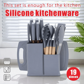 19-in-1 Kitchen Knife & Silicone Utensil Combo Set, Heat Resistant Cooking Tools with Detachable Storage Organizer (Color: Grey)