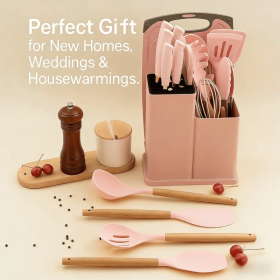 19-in-1 Kitchen Knife & Silicone Utensil Combo Set, Heat Resistant Cooking Tools with Detachable Storage Organizer (Color: Pink)