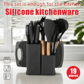 19-in-1 Kitchen Knife & Silicone Utensil Combo Set, Heat Resistant Cooking Tools with Detachable Storage Organizer (Color: black)